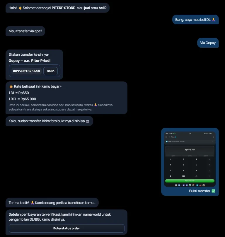 Contoh layar: Dari transaksi sampai bukti dicek admin