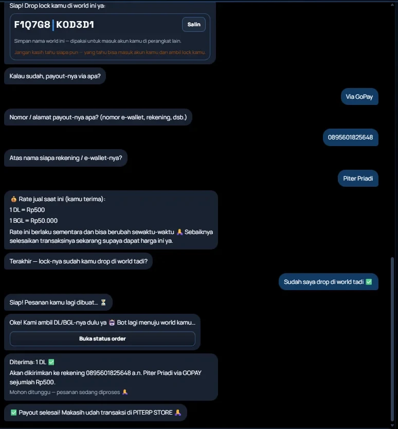 Contoh layar: Setelah drop sampai uang ditransfer